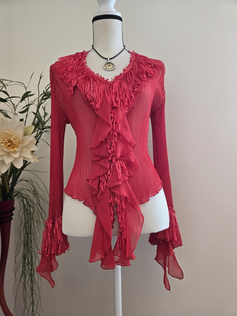 Red Ruffle-Trim V-Neck Blouse - Picture 3 of 11